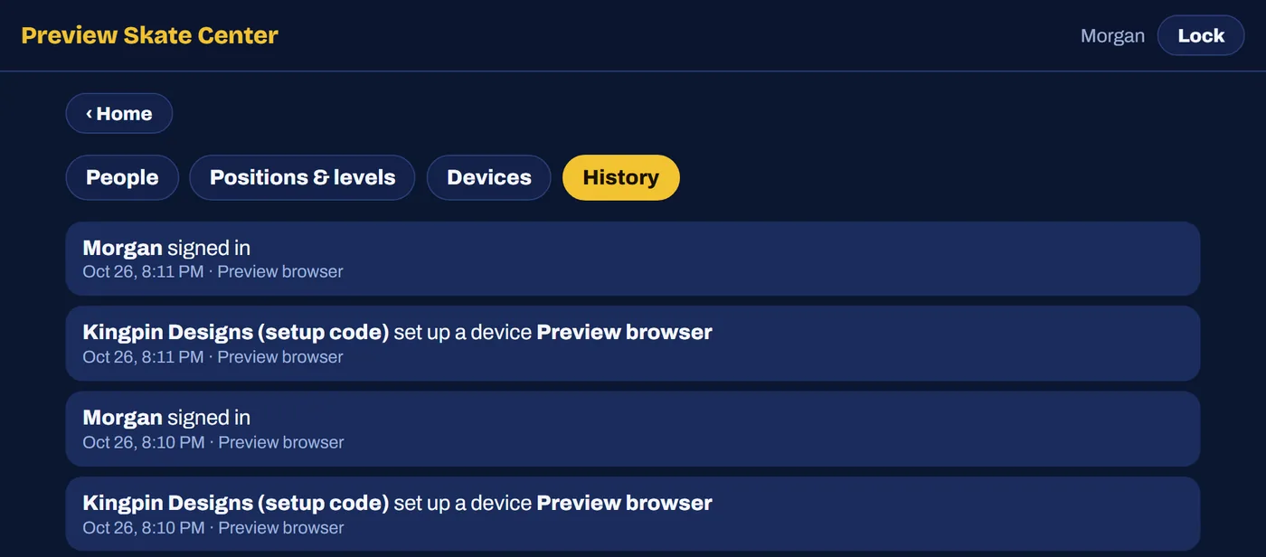 The history screen: who did what, when, on which device