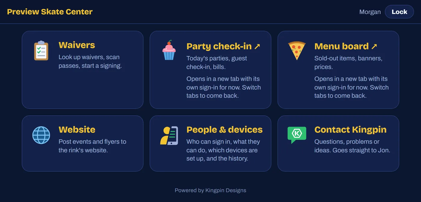 The rink dashboard home: one tile each for waivers, party check-in, menu board, website, people and devices, and contacting Kingpin