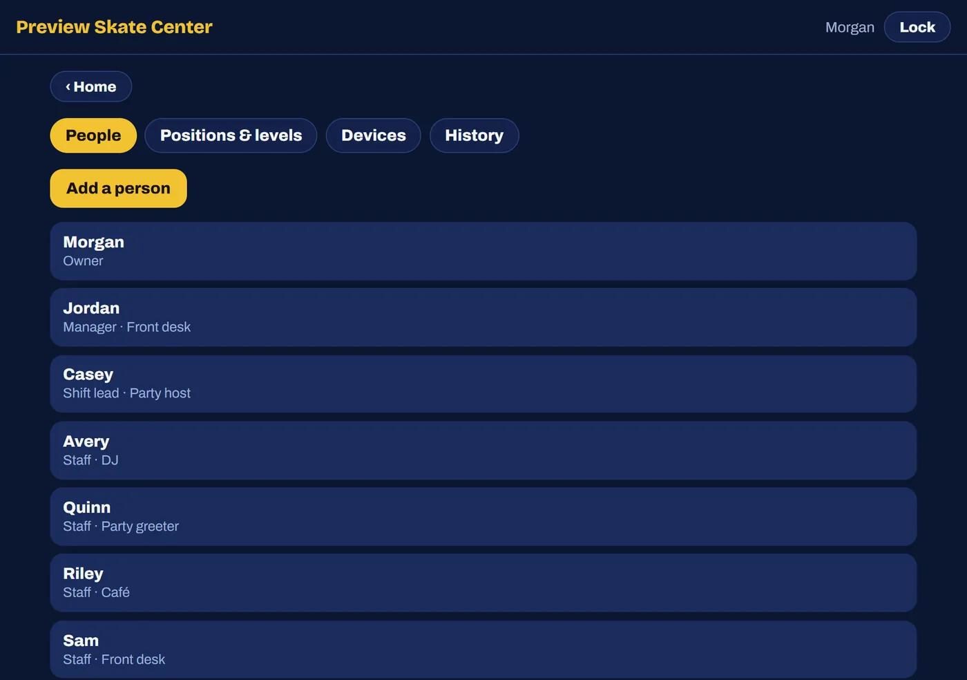 The People screen, listing each staff member with their level and position