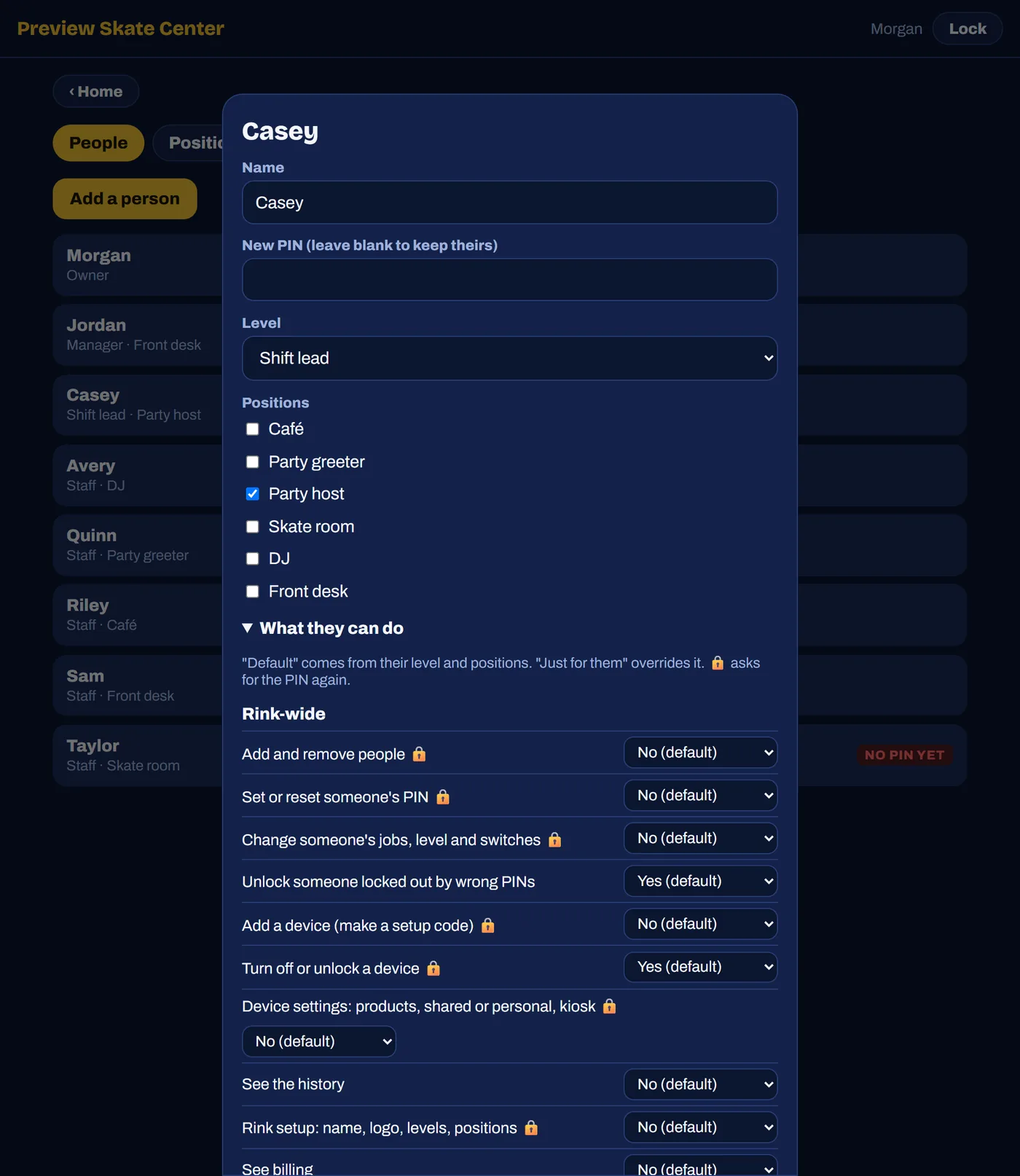 Editing one person: their level, positions, and switches for exactly what they can do in each product