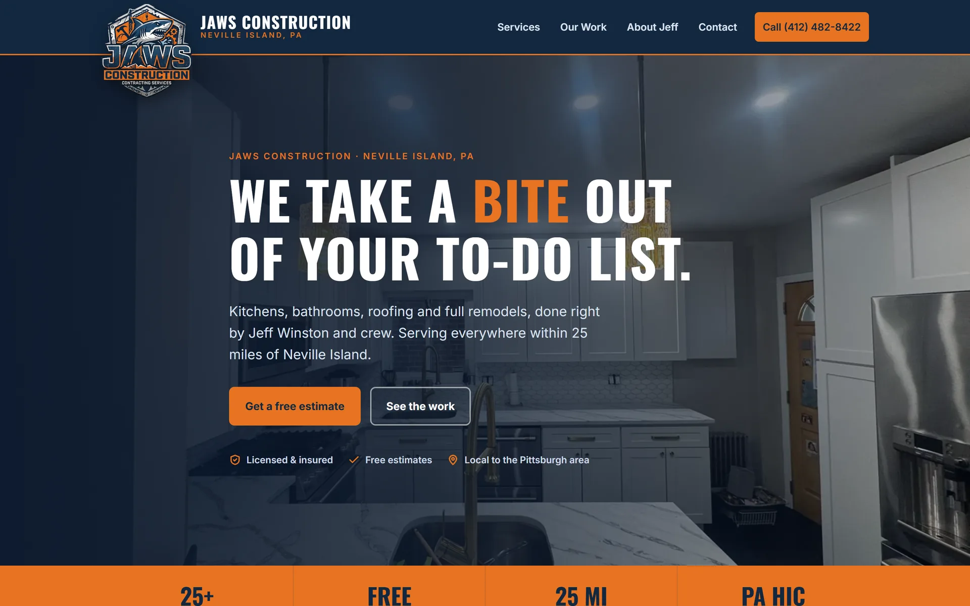 The Jaws Construction homepage: a finished kitchen behind the headline “We take a bite out of your to-do list”