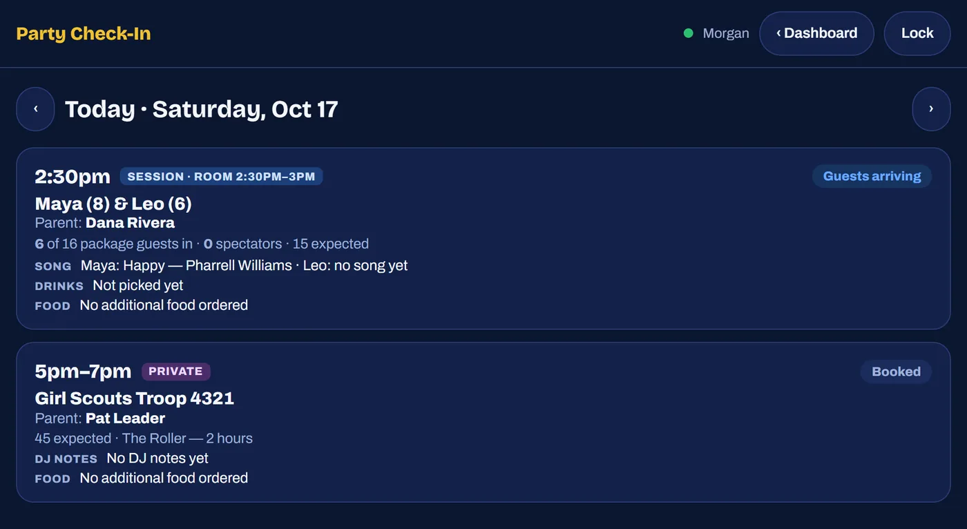 Party check-in: today’s parties with times, rooms, guest counts and song requests