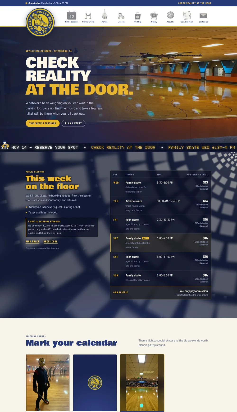 The Neville Roller Drome homepage on a laptop, from the headline down through this week’s sessions