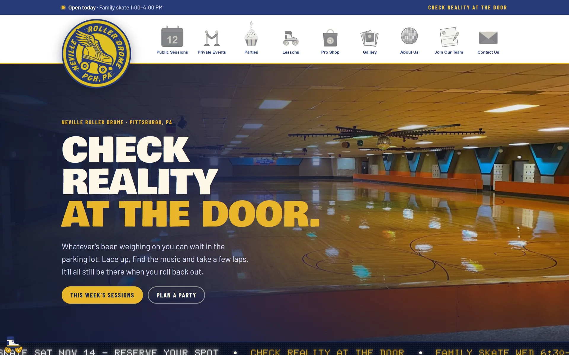The Neville Roller Drome homepage: a live open-now bar, illustrated icon navigation and the empty rink floor behind the headline
