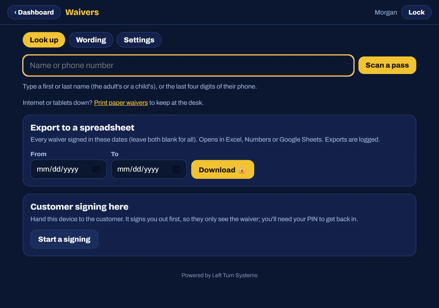 The waivers screen for staff: look up a signer, scan a pass, export, or start a signing
